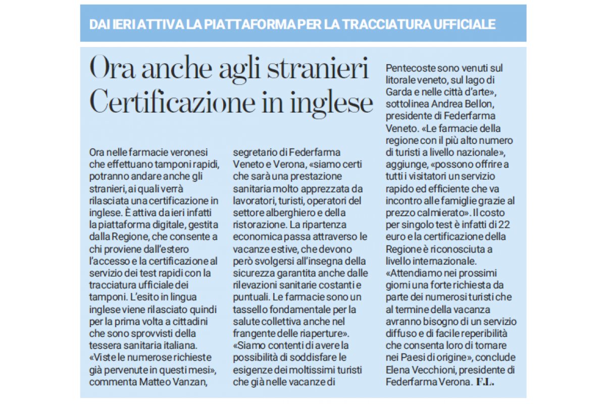 Tampone immediato Covid, anche per stranieri