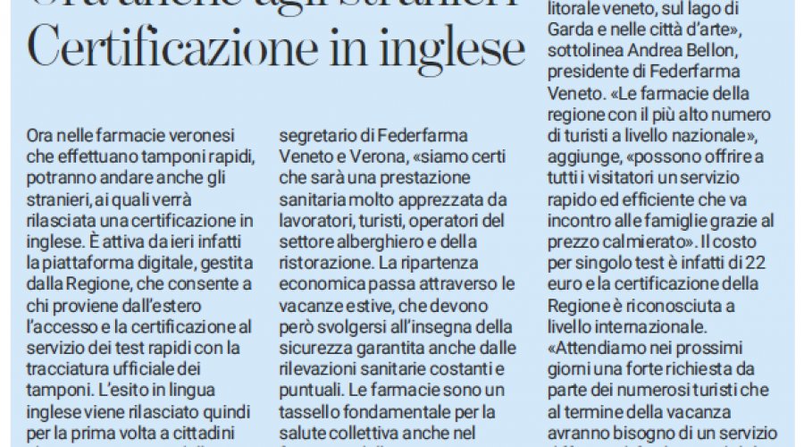 Tampone immediato Covid, anche per stranieri
